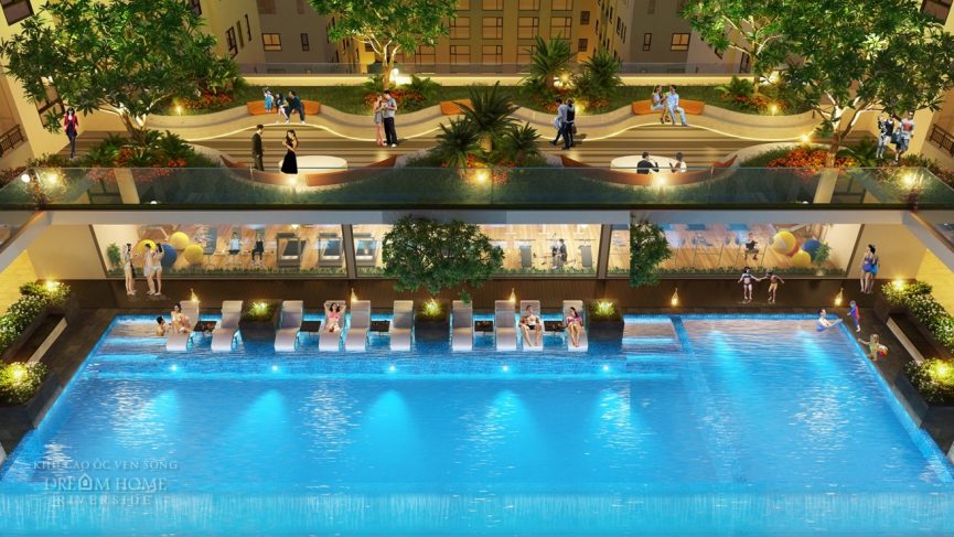 Hồ bơi Tropic Pools nghệ thuật tại tầng 8 giúp cư dân tận hưởng giây phút thư giãn sau một ngày làm việc.