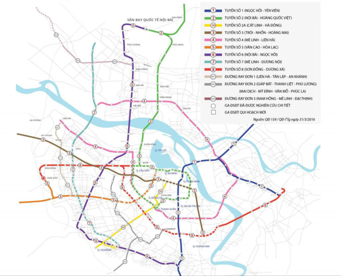 Sơ đồ 8 tuyến Metro tại Hà Nội. Nguồn: Quy hoạch xây dựng thủ đô đến năm 2030 tầm nhìn 2050 - Masterise