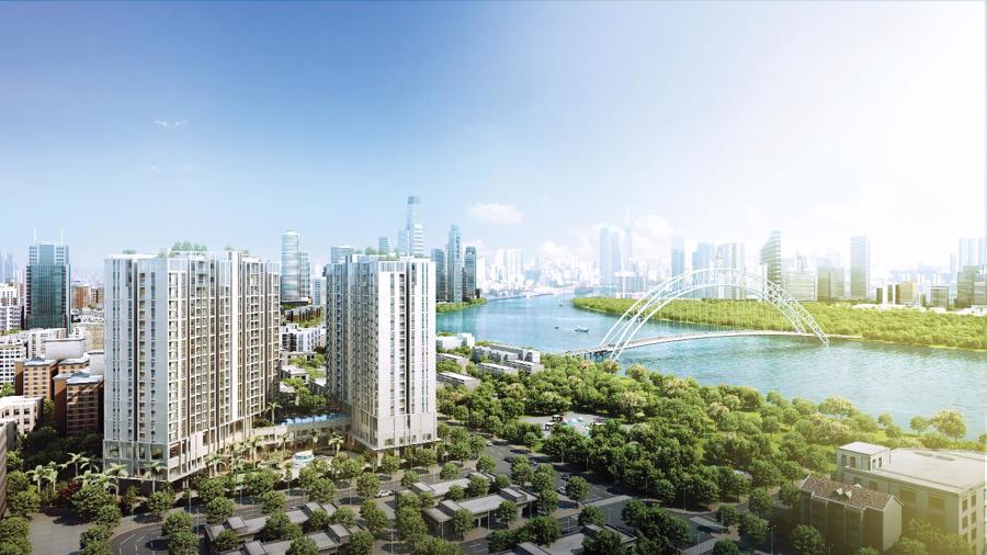Phối cảnh dự án Asiana Riverside có hướng nhìn trực diện ra sông Sài Gòn và cách khu bán đảo Thủ Thiêm chỉ 1 cây cầu Thủ Thiêm 4.