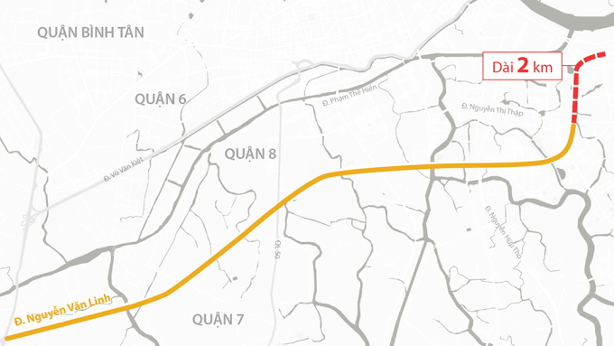 Hơn 2 km (màu đỏ) đường Nguyễn Văn Linh đang được mở rộng. Đồ họa: Trần Nam