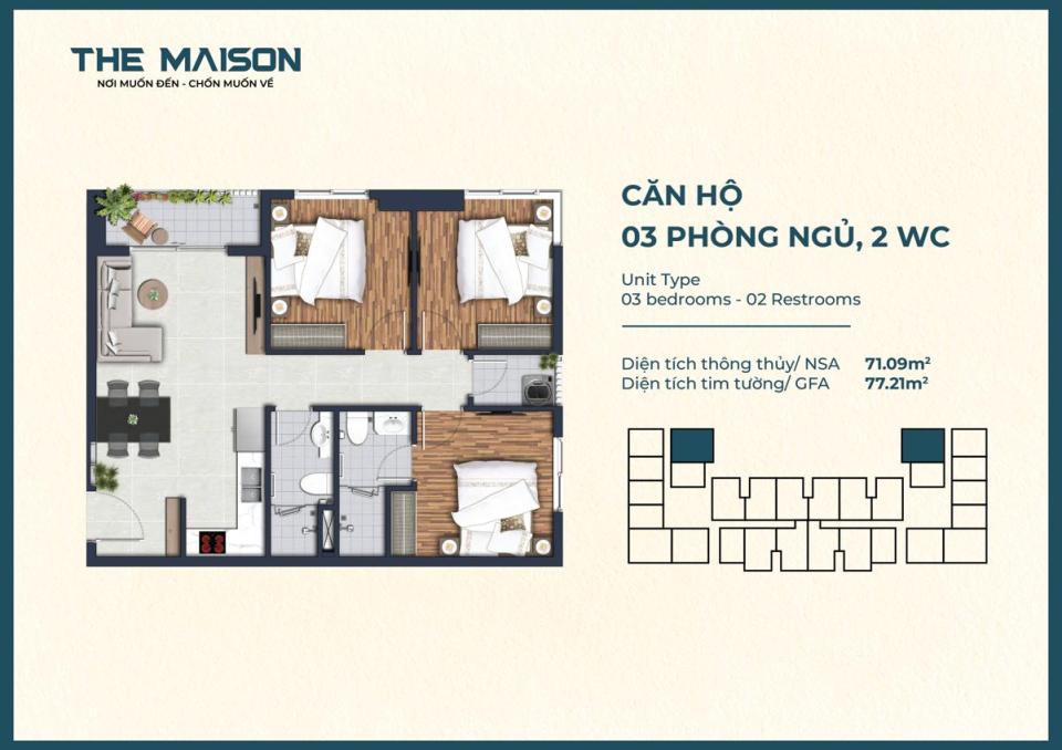 Thiết kế căn 3PN 77m2 dự án The Maison Thủ Dầu Một