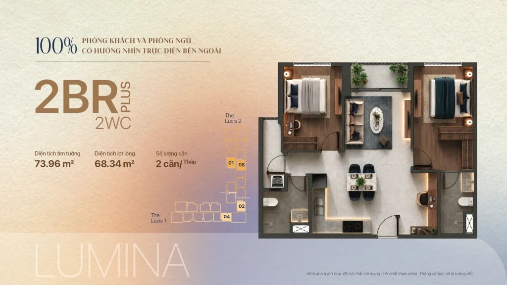 Bố trí công năng mẫu căn hộ 2 phòng ngủ mở rộng TT Genesis Bố trí công năng mẫu căn hộ 2 phòng ngủ mở rộng TT Genesis