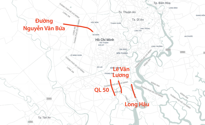 Bốn trong bảy tuyến đường sẽ được mở rộng từ TP HCM về Long An. Ảnh: Thanh Huyền.