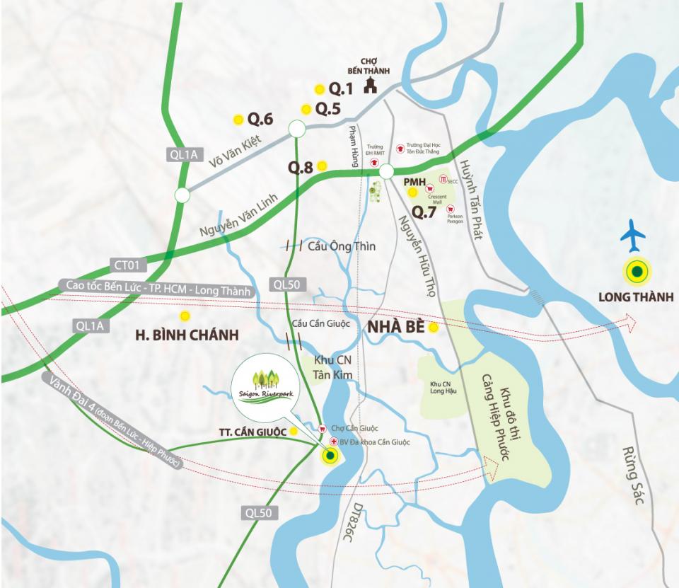 Sở hữu vị trí Vàng ngay trung tâm thị trấn Cần Giuộc năng động, tại Saigon Riverpark, cư dân thỏa sức tận hưởng hệ thống tiện tích hiện đại đã hiện hữu như chợ, trường học, bệnh viện, siêu thị, ngân hàng, trung tâm hành chính